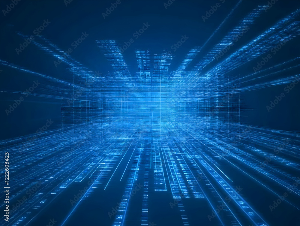 Poster abstract blue data streams converge and expand in a digital space.