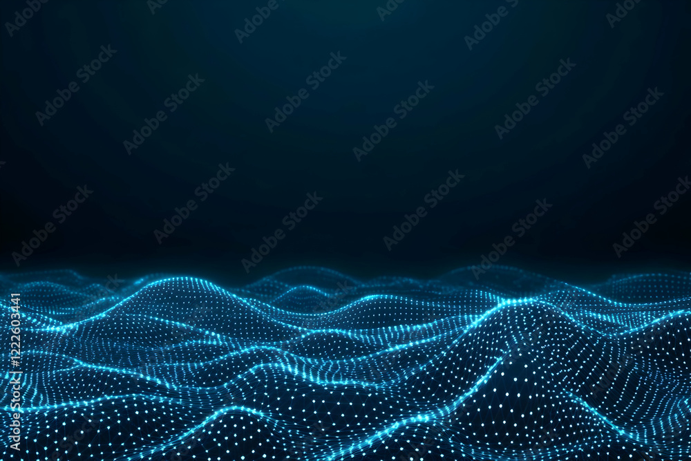 Poster abstract blue digital wave surface forms a flowing landscape of interconnected particles.