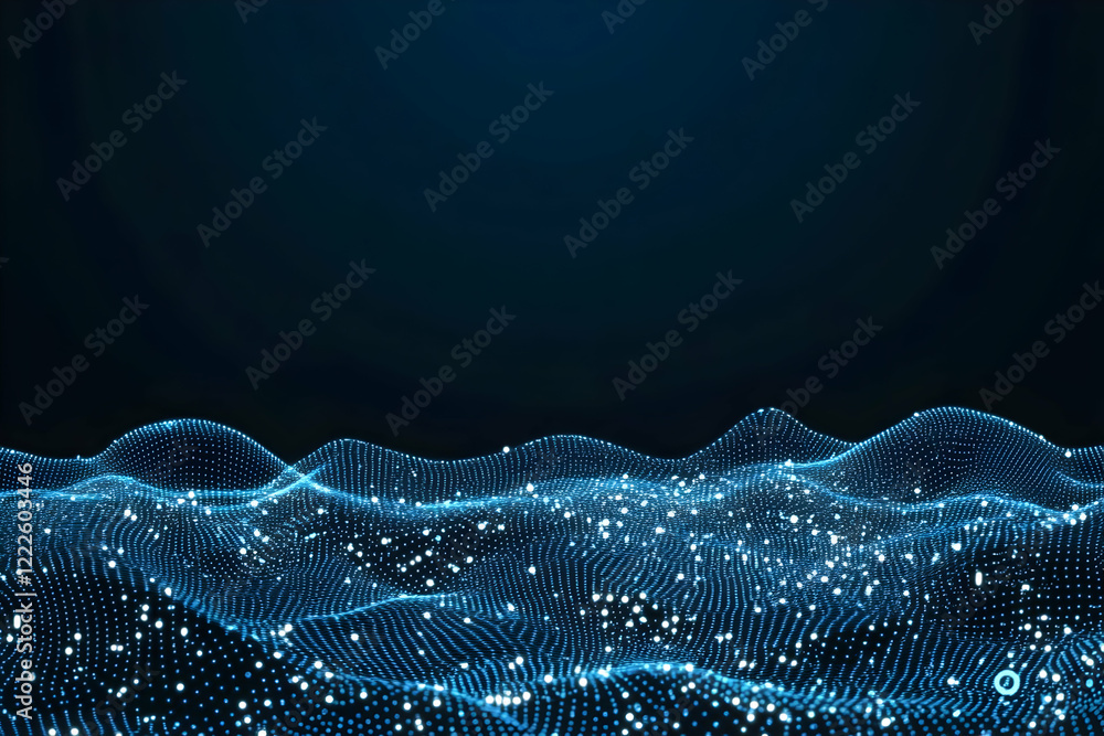 Poster abstract blue particle wave flows smoothly across dark background for digital art and technology