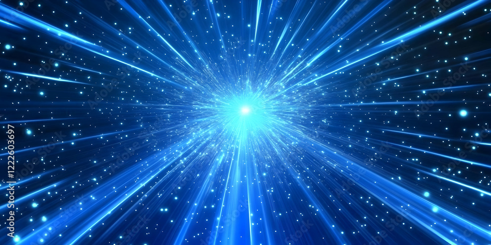 Poster abstract blue light rays burst background with sparkling particles dynamically radiating outward
