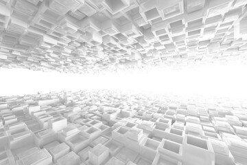 Abstract geometric perspective with white cubes. 3d render