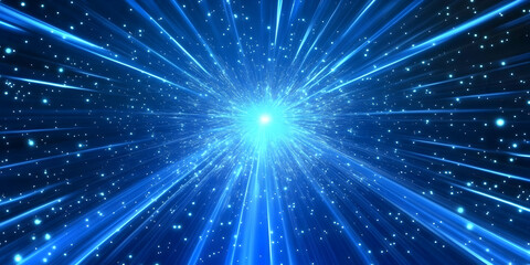 Fototapeta premium Abstract Blue Light Rays Burst Background with Sparkling Particles Dynamically Radiating Outward
