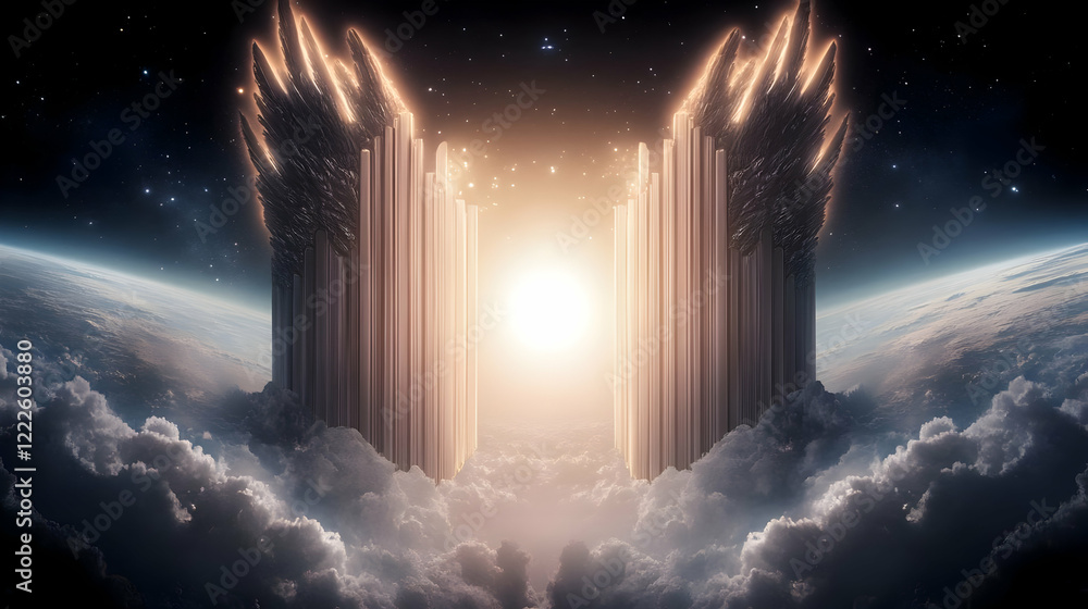Aufkleber glowing wings frame a celestial gateway above the clouds with earth in view