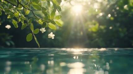 Sunlit flowers and leaves over calm water.