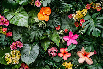 Vibrant tropical flower arrangement on lush green foliage background, ideal for nature-themed projects