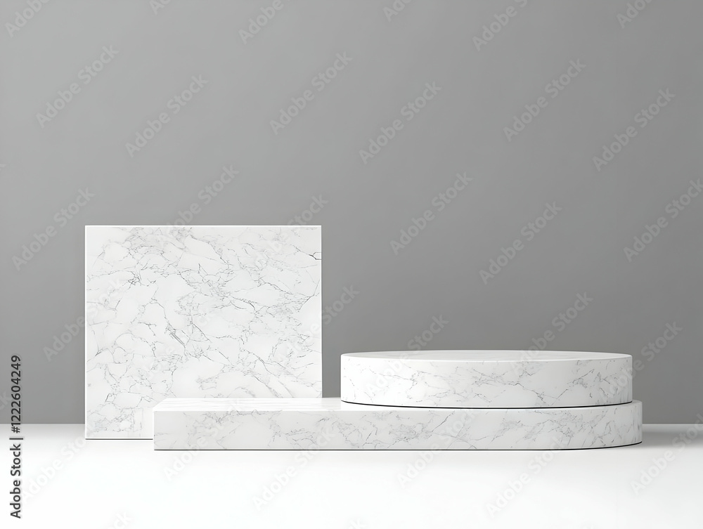 Poster white marble podiums display on white surface and gray background simply with elegant style.