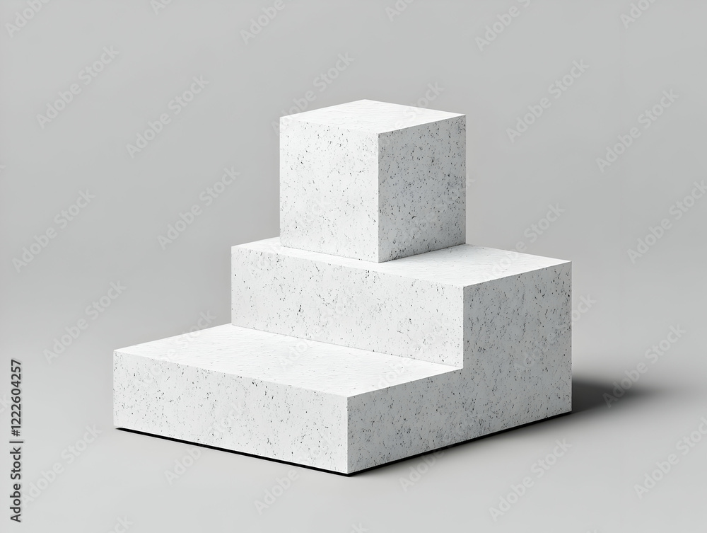Poster white concrete blocks form a three-tiered podium on a soft gray background, perfect for product disp