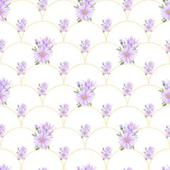 Seamless pattern with watercolor bouquets of lilac aster flowers and yellow dots on white. Perfect for textile, fabric, wrapping, bedding, design paper, backdrop, wall hanging, wallpaper, scrapbooking