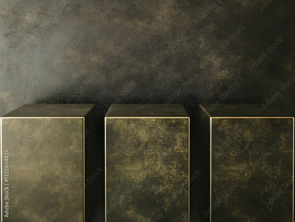 Poster three dark metallic textured cube podiums stand elegantly against a matching backdrop with a subtle 