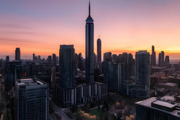 Naklejka premium Modern Cityscape at Sunset: Skyscrapers and Urban Landscape Illuminated Beautifully
