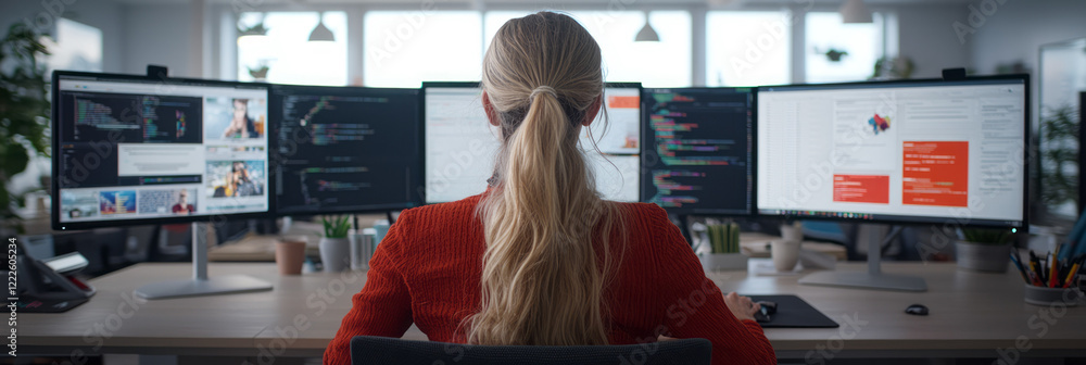 Poster a high-angle shot of a female software developer working on multiple computer screens in a sleek off