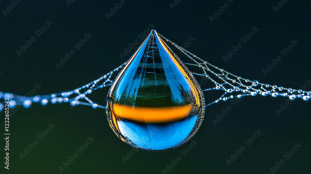 Poster a high-resolution macro image of a water droplet on a spider's web, reflecting the surrounding scene