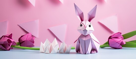 Colorful origami bunny in pink and white with tulips on a pastel blue background, ideal for Easter decorations and gifts.