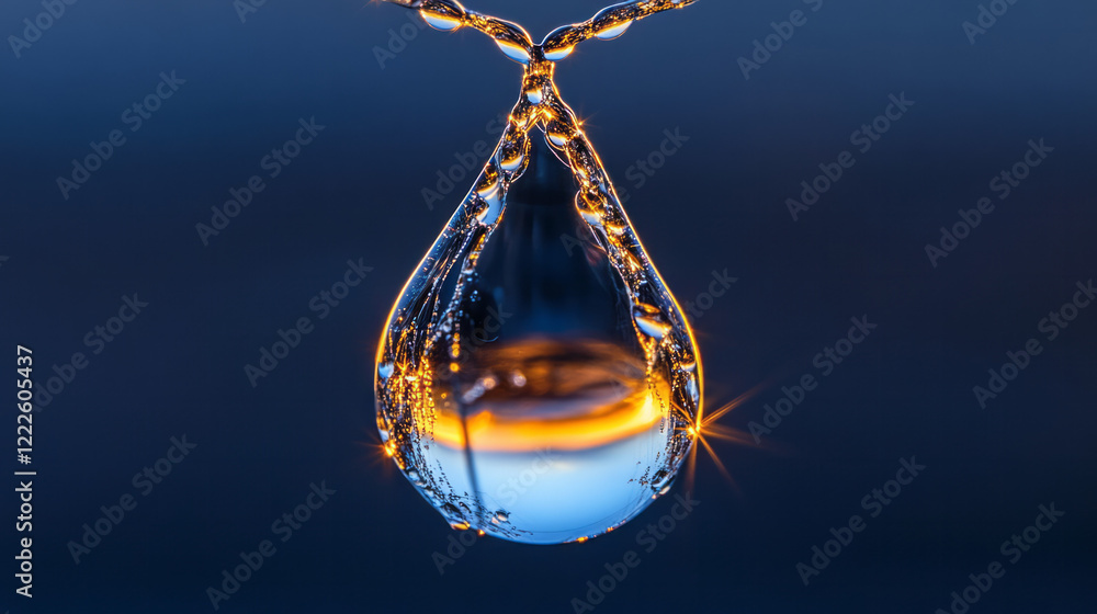 Poster a high-resolution macro image of a water droplet on a spider's web, reflecting the surrounding scene