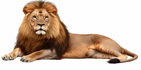 Obraz premium Majestic Male Lion Lies Serenely on a White Background, Displaying its Regal Presence.