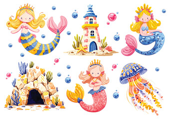 Watercolor hand painting set Mermaid. Illustration isolated on white background. Sea, coral, fish, water, ocean. Use it for cards, invitations and scrapbooking.