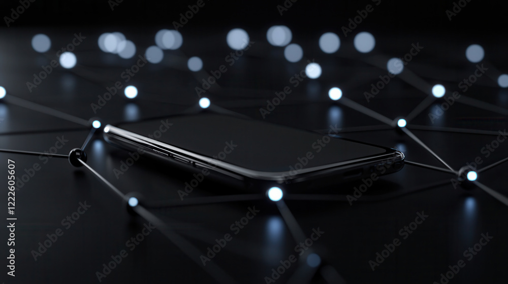 Poster sleek smartphone surrounded by glowing network nodes on dark surface, symbolizing connectivity and t