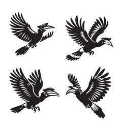 High-Quality Vector Silhouette of a Flying Hornbill on White Background