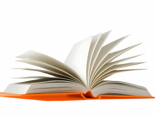 Open Book with Orange Cover and Fanned Pages on White Background