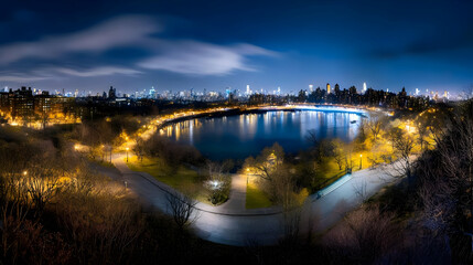 Obraz premium Cityscape Reflects in Tranquil River at Night with Illuminated Park and Cloudy Sky