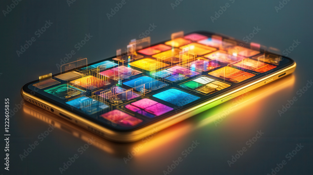 Poster glowing 3d database interface displayed over smartphone, showcasing vibrant digital data and futuris