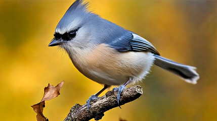 Obraz premium Tufted Titmouse Perches Alertly on a Branch with Golden Autumn Background.
