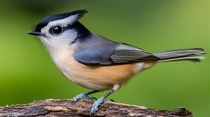 Obraz premium Tufted Titmouse Perches Alertly on a Branch with a Smooth Green Background