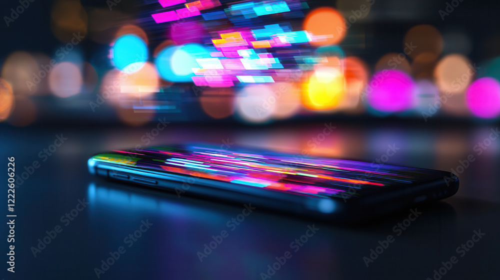 Poster glowing 3d digital database projection emerges from smartphone, surrounded by vibrant bokeh lights, 