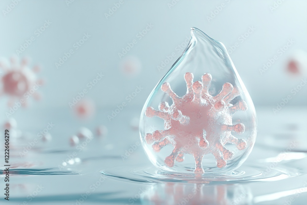Poster a luminous virus is encapsulated within a clear droplet of liquid, surrounded by gentle glowing part