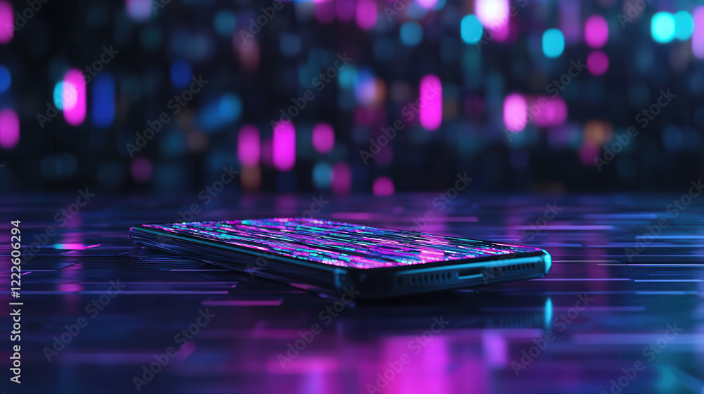 Poster glowing 3d holographic database projection emerges from smartphone, surrounded by vibrant neon light