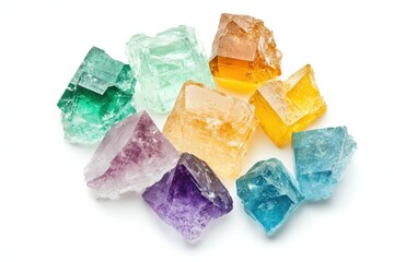 Beautiful fluorite mineral samples showcasing vibrant colors and captivating formations against a pristine white background