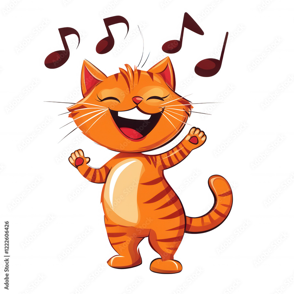 Poster a cheerful orange cat sings joyfully with notes floating above, showcasing a playful and happy expre