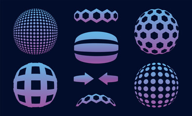 Modern and abstract vector icon set featuring three-dimensional spheres representing technology, science, and innovation. Virtual reality, with smooth gradients, spotted textures, and twisted shapes