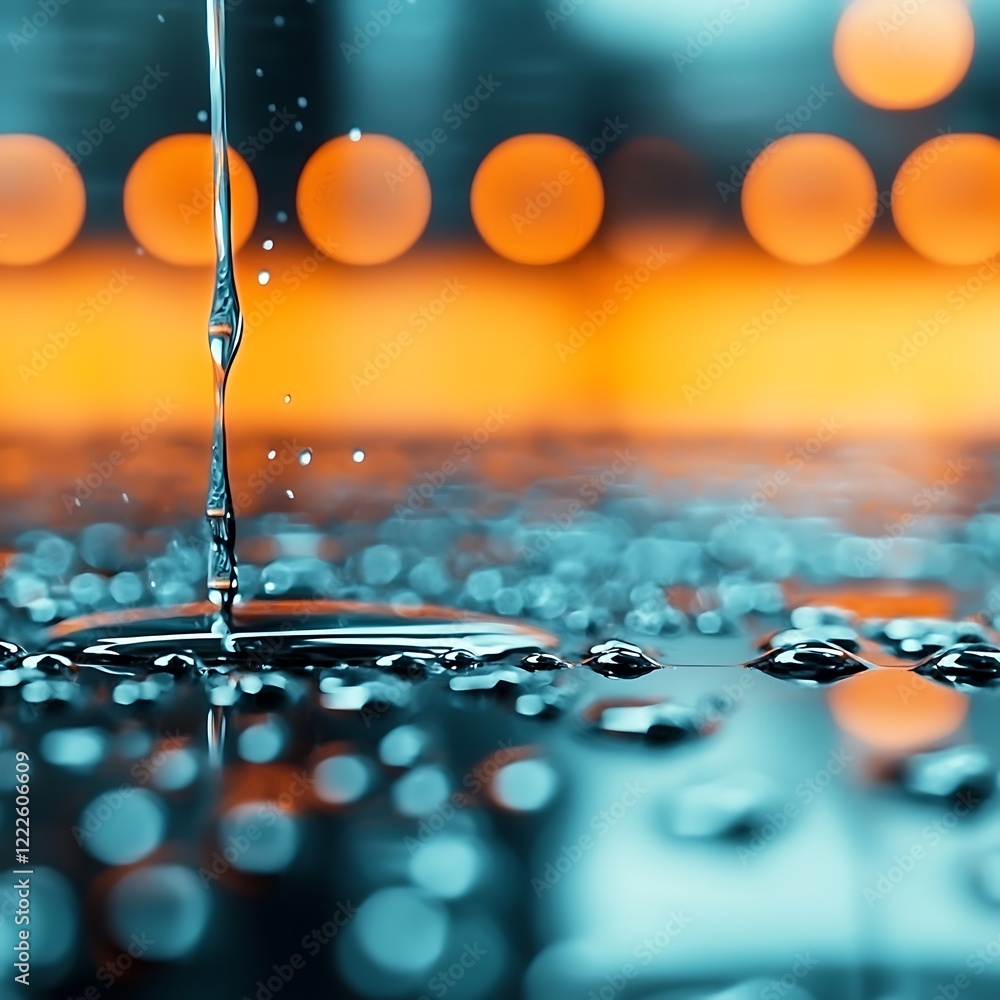 Poster a close-up image of water droplets on a surface, with a blurred background of warm lights creating a