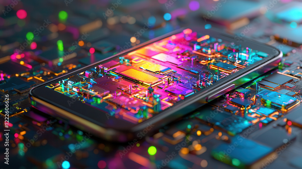 Poster glowing 3d digital database displayed over smartphone, surrounded by vibrant circuit board elements