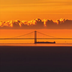 Obraz premium Suspension Bridge Silhouette at Golden Hour with Clouds and Cargo Ship