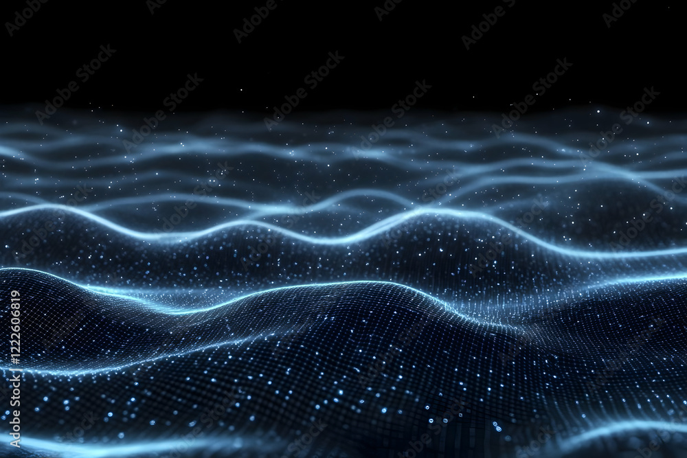 Poster abstract 3d blue wavy grid surface with glowing particles on a dark background