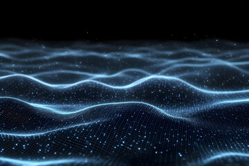 Abstract 3D Blue Wavy Grid Surface with Glowing Particles on a Dark Background