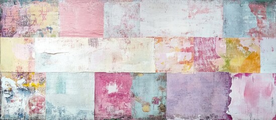 Panoramic scrapbook paper texture background featuring pastel colors like pink and lavender arranged in a patchwork pattern for creative projects