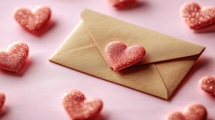 Fototapeta premium Intricately designed paper craft envelope holds a heartfelt note, surrounded by sparkling pink hearts, creating a whimsical atmosphere perfect for Valentine's Day