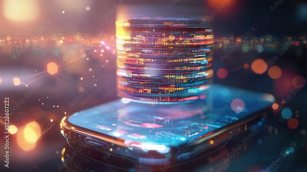 Aufkleber glowing 3d database hologram emerges from smartphone, symbolizing futuristic technology and data con