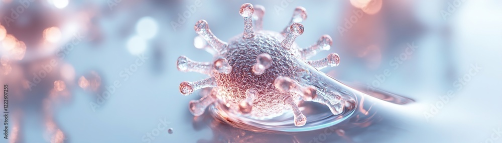 Poster a vivid depiction of a glowing virus encased in a droplet of liquid, surrounded by subtle glowing pa