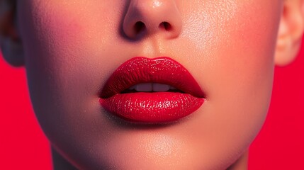 Obraz premium A close-up of lips adorned with vibrant red lipstick, showcasing a glossy finish against a bold, colorful backdrop.