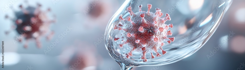 Poster a translucent droplet encases a glowing virus, surrounded by shimmering particles against a gradient