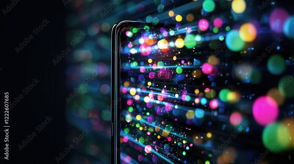 Poster glowing 3d digital database visualized with vibrant colorful lights emerging from smartphone, symbol