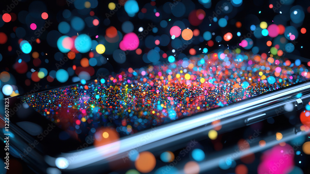 Poster smartphone screen glowing with vibrant, colorful digital particles, creating futuristic and dynamic 