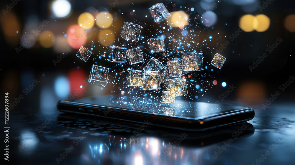 Poster glowing 3d database concept emerges from smartphone, symbolizing innovation and technology