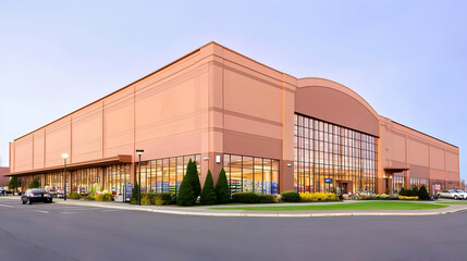Modern Retail Building with Large Windows Showcases Products and Services at Twilight