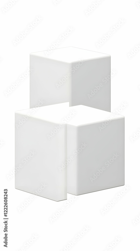 Poster 3d render of two white cubes interlocked in an abstract composition on a white background.