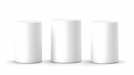 Three Blank White Cylindrical Product Display Stands Showcase Minimalist Elegance on a White Background.